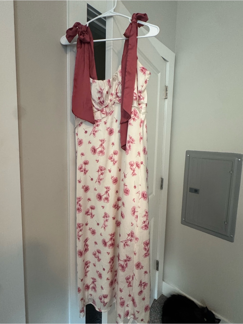 Francesca's Collections Cream Maxi Dress with Rose Print and Mauve Tie-Straps
